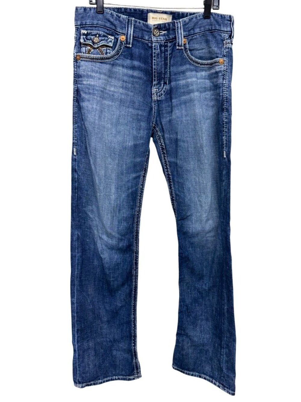 Big Star Pioneer Bootcut Jeans Blue Denim With Embroidered Pockets Men's 33L